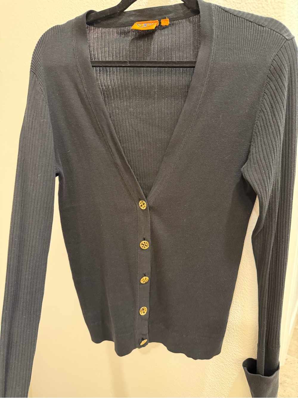 Tory Burch Black Ribbed V‑Neck Button Cardigan